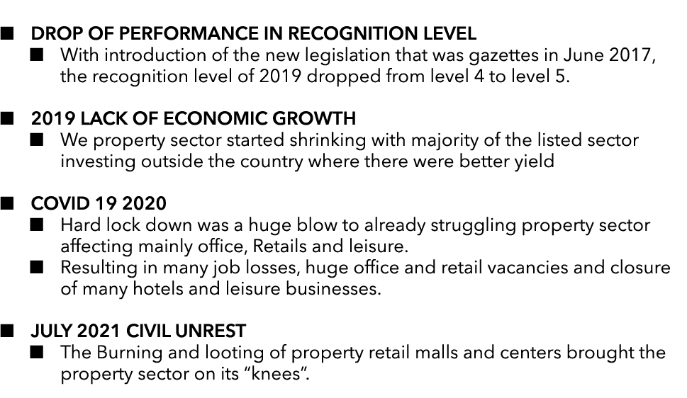    Drop of performance in recognition level   With introduction of the new legislation that was gazettes in June 2017   