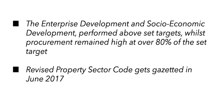    The Enterprise Development and Socio-Economic Development, performed above set targets, whilst procurement remaine   