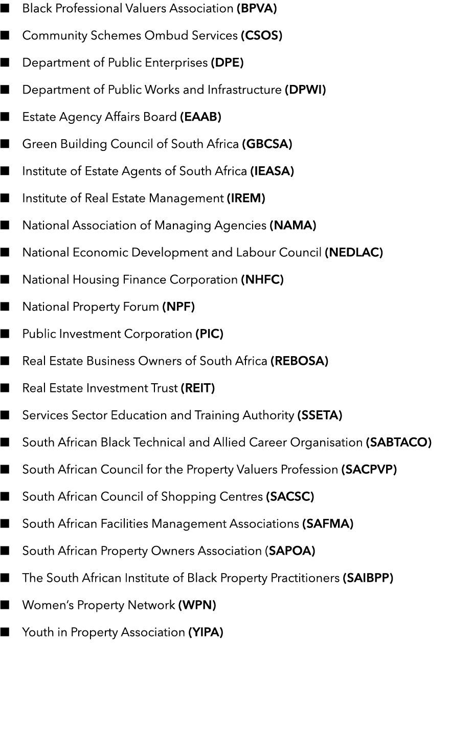   Black Professional Valuers Association (BPVA)   Community Schemes Ombud Services (CSOS)   Department of Public Ente   