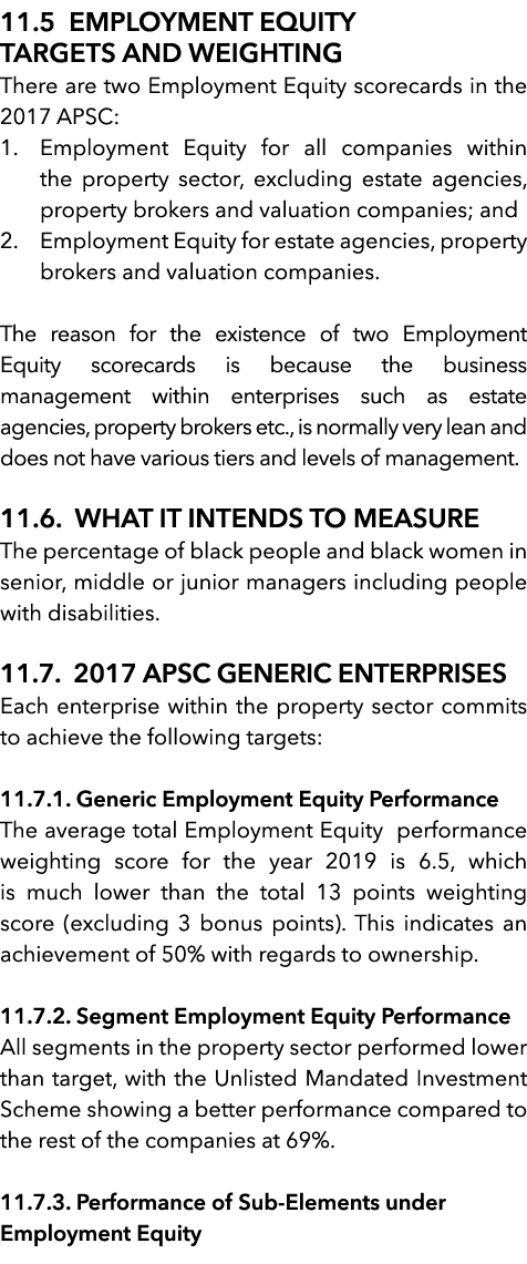  11 5 EMPLOYMENT EQUITY TARGETS AND Weighting There are two Employment Equity scorecards in the 2017 APSC: 1  Employm   