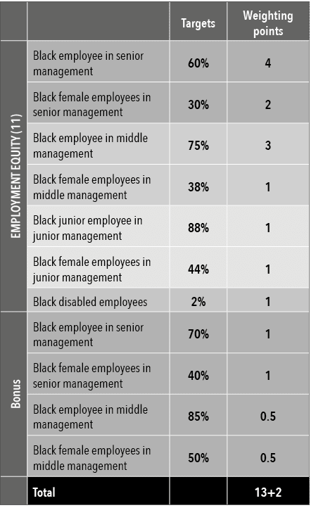 ,,Targets,Weighting points,EMPLOYMENT EQUITY (11),Black employee in senior management,60%,4,Black female employees in...